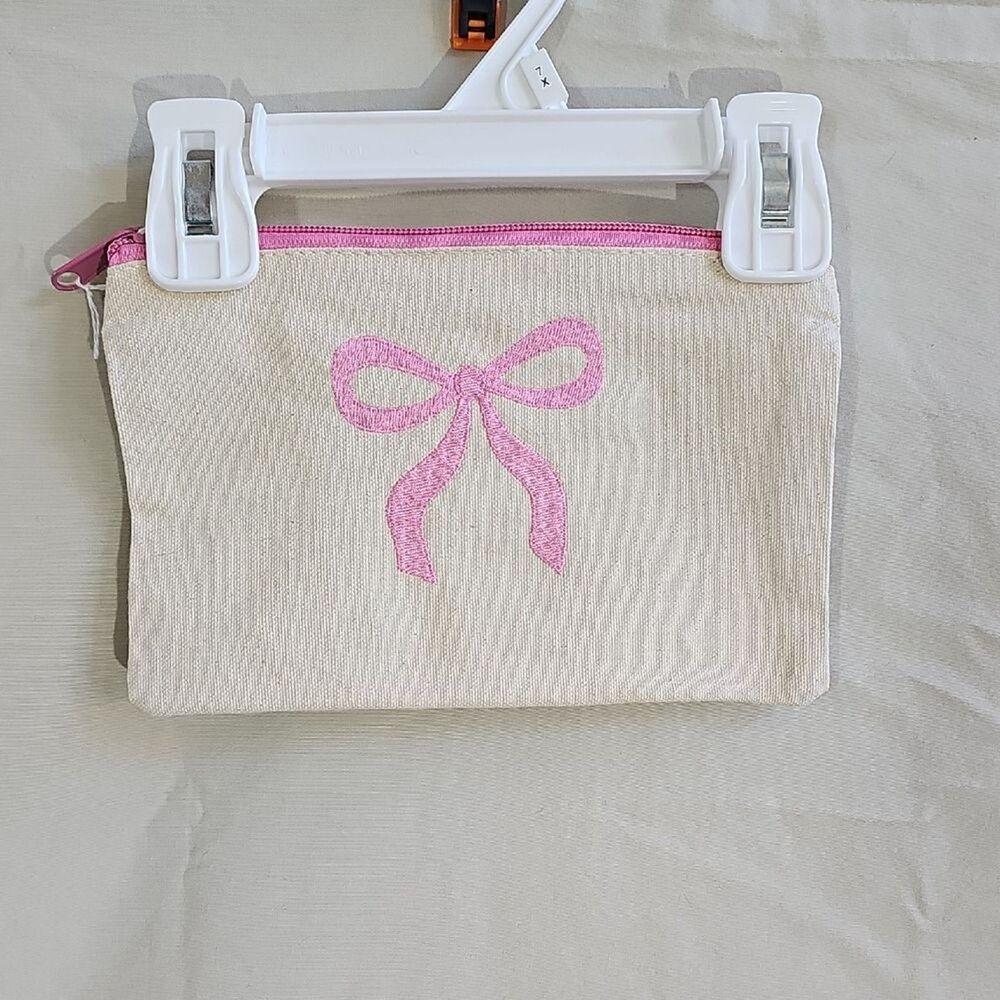 Canvas Makeup Pouch with Pink Bow Accent